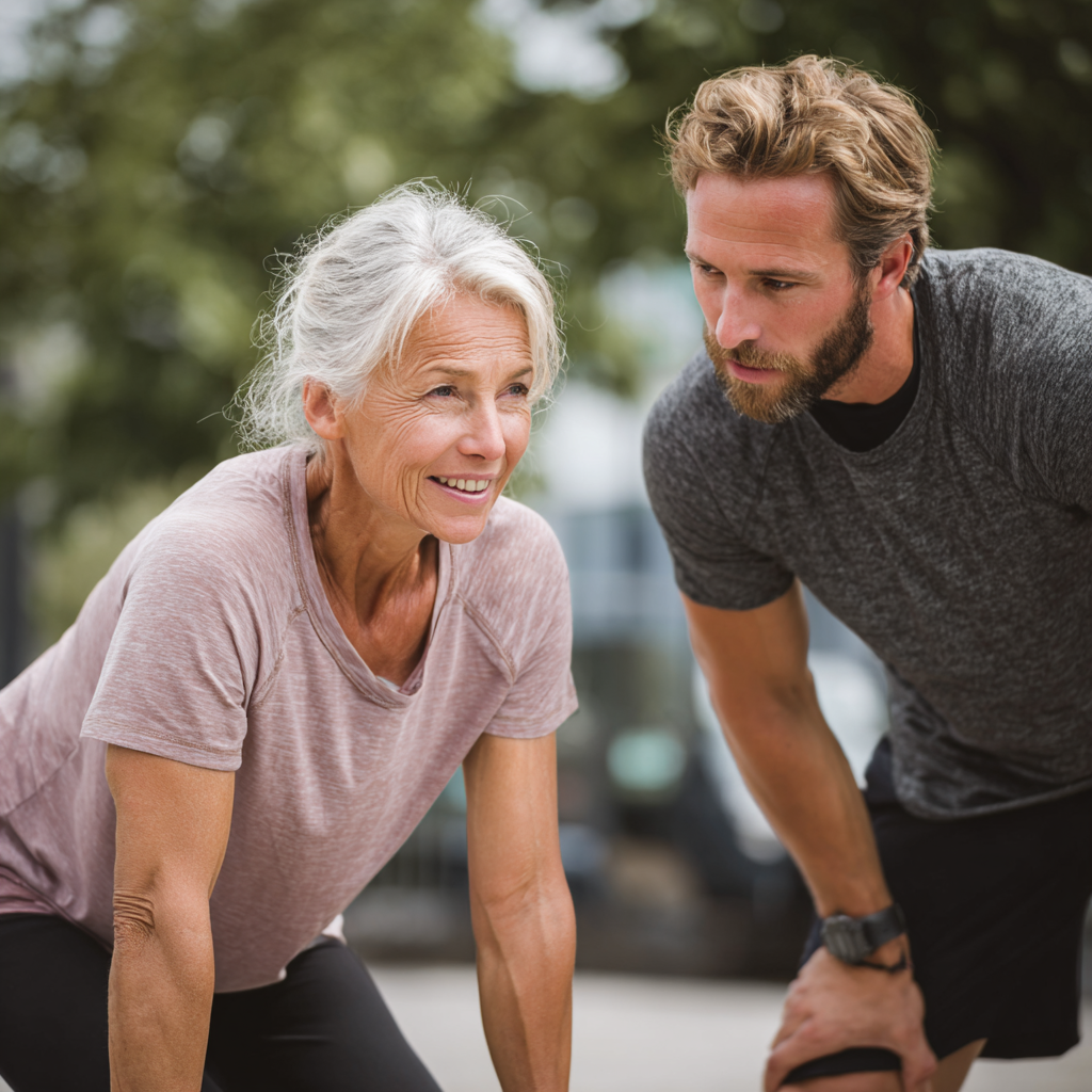 mature woman enjoying outdoor fitness training with professional guidance